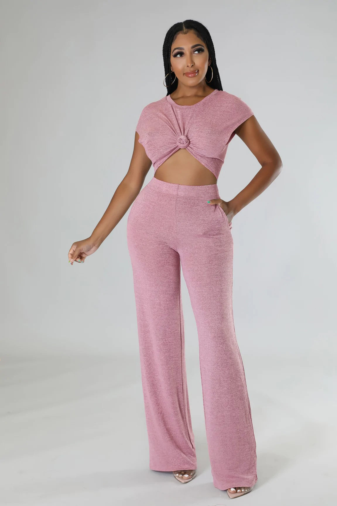 BELLA CONJUNTO DE 2 PIEZAS DE TOP CROP Y PIERNAS ANCHAS - ROSA CLARO