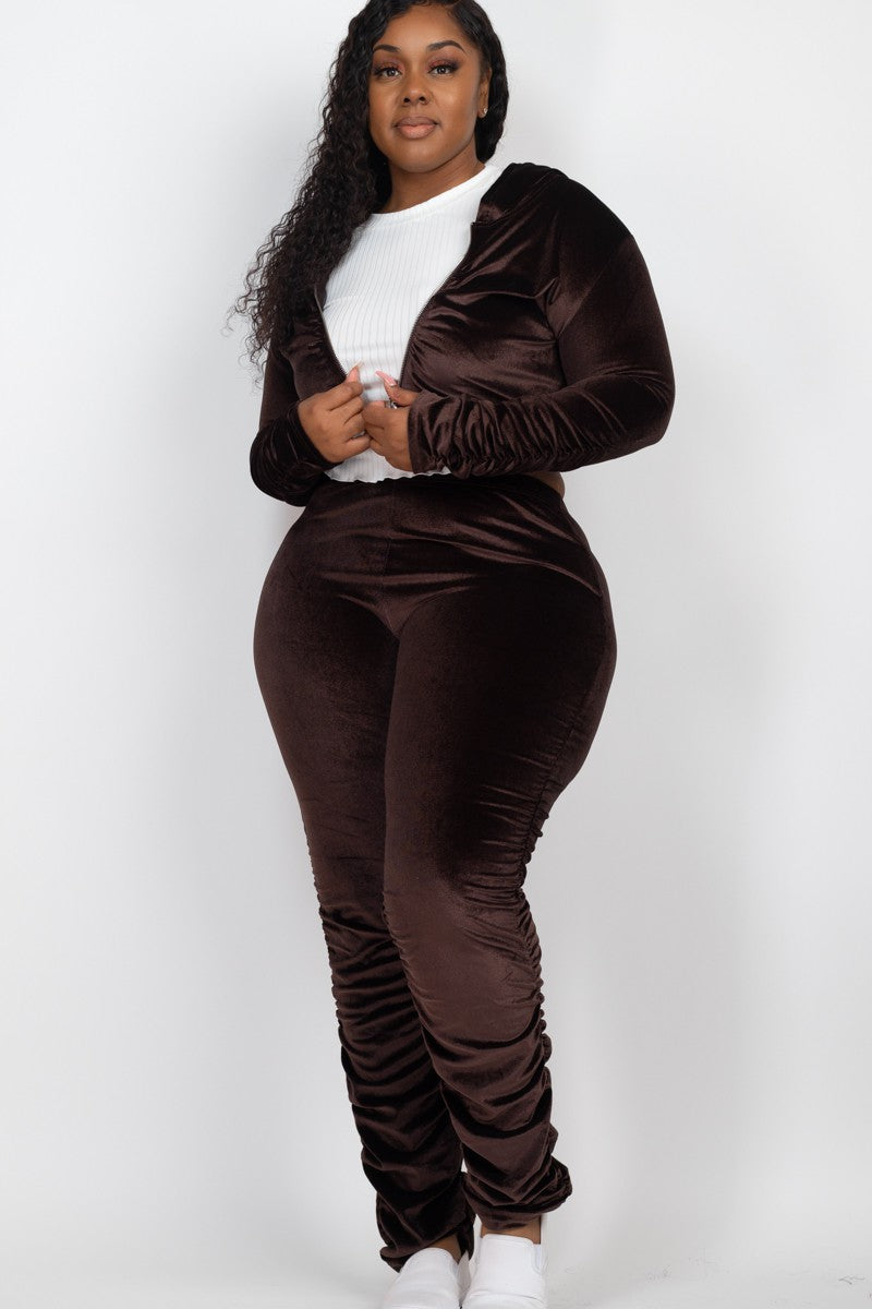 COURTNEY VELOUR JACKET & PANTS SET - CHOCOLATE