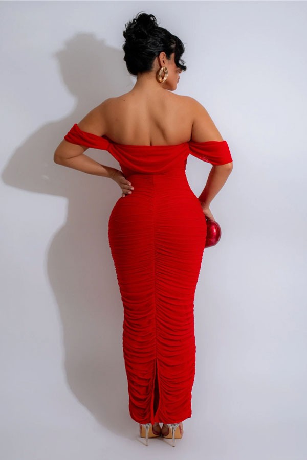 SCARLET ELEGANCE RUCHED MESH DRESS