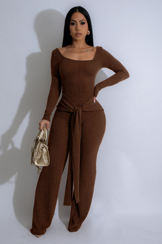 Serenity Ribbed Tie Jumpsuit -Hazelnut