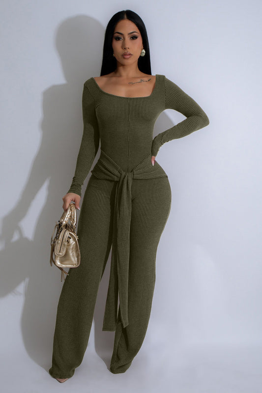 Serenity Ribbed Tie Jumpsuit - Olive