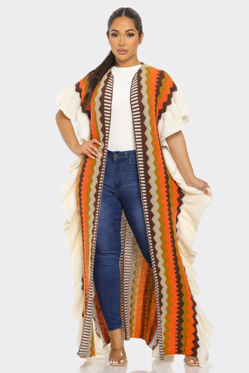 HARVEST HUES RUFFLED TRIBAL CARDIGAN