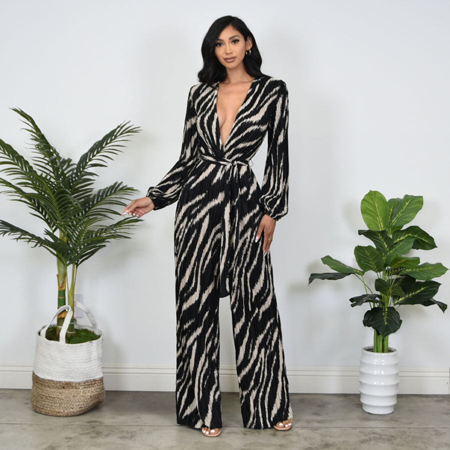 APRIL ZEBRA PRINT LONG SLEEVE JUMPSUIT