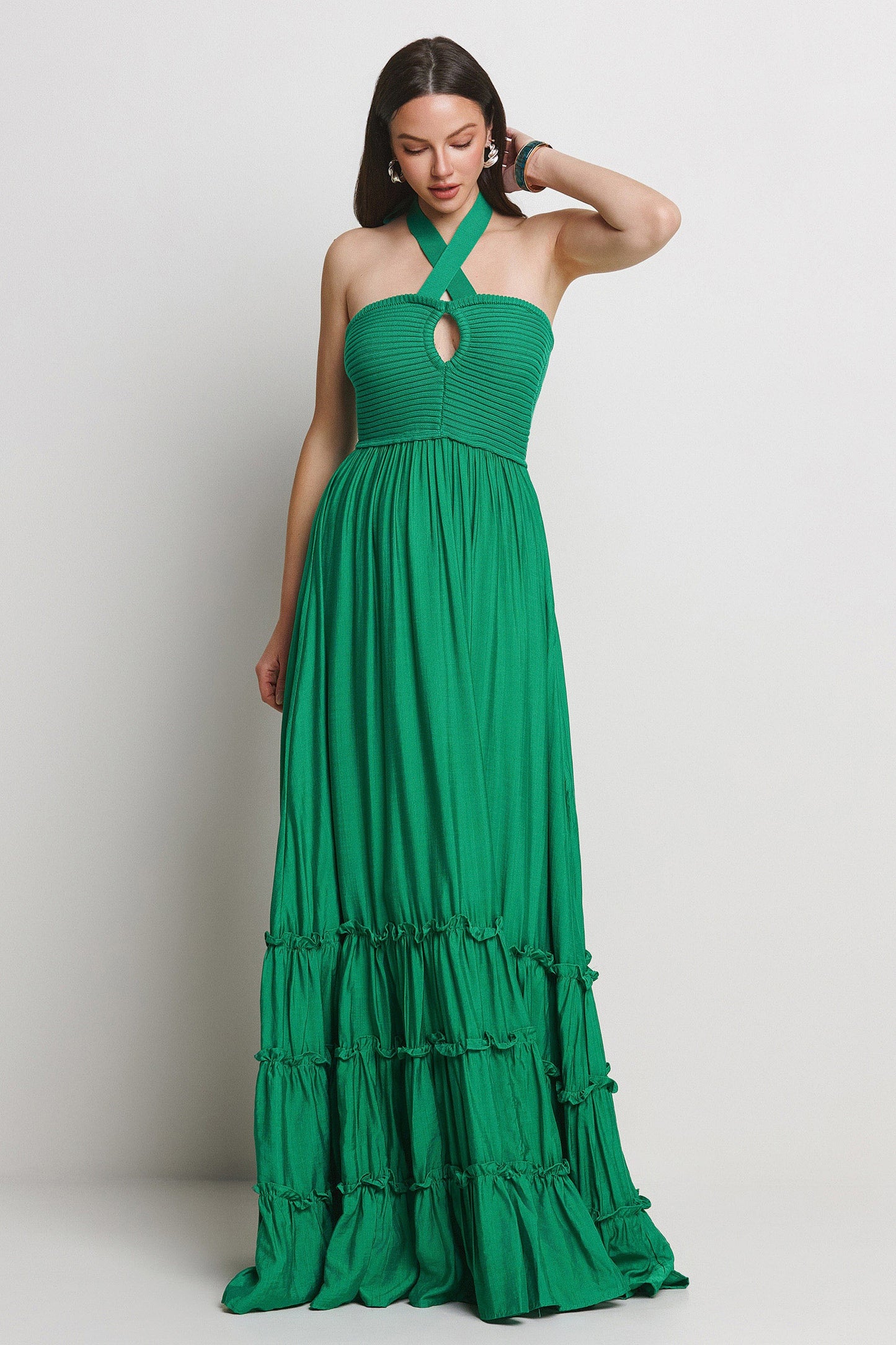 Oliva Halter Neck Maxi Triple Tiered Dress