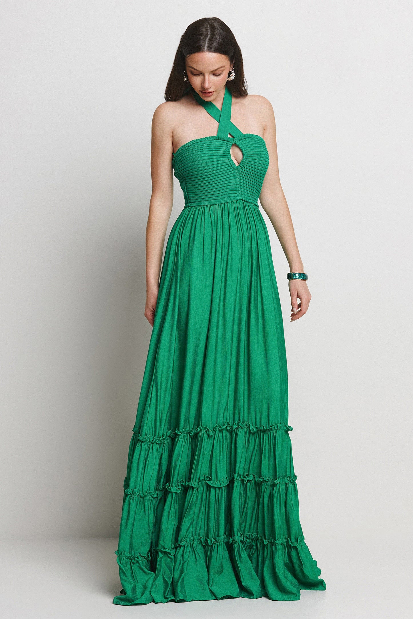 Oliva Halter Neck Maxi Triple Tiered Dress